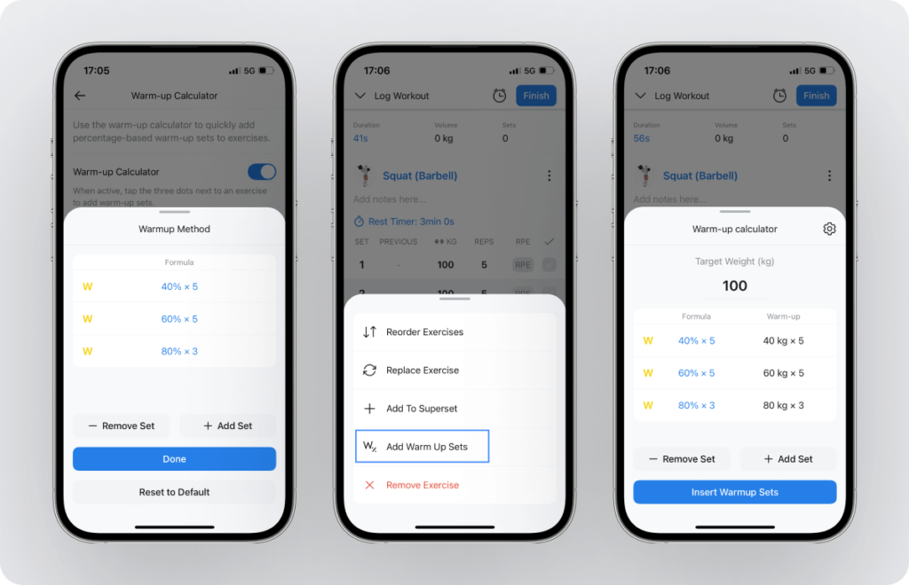 an overview of Hevy's warm-up set calculator and how to add multiple warm-up sets to an exercise during a workout