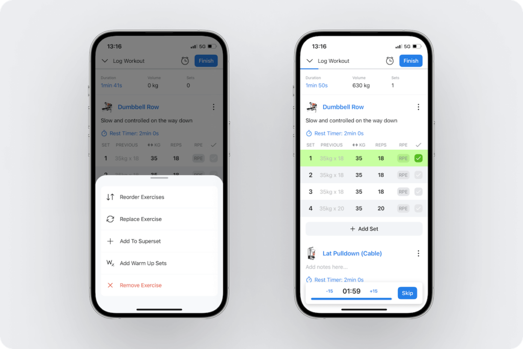 additional exercise options, a set marked as complete, and the automatic rest timer inside Hevy