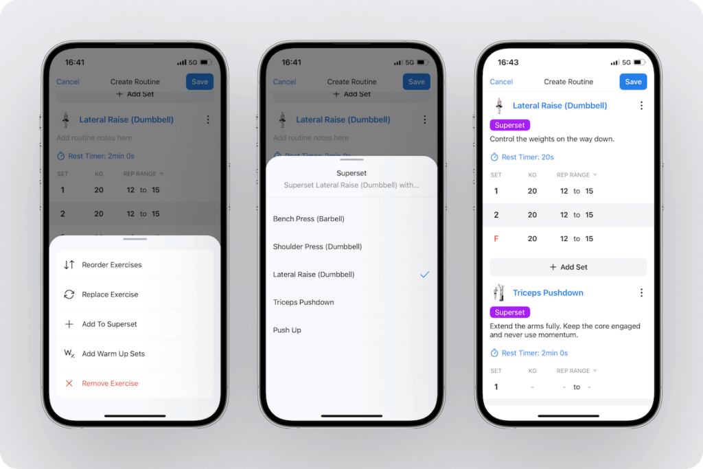 individual exercise options, including creating supersets, available in the Hevy app