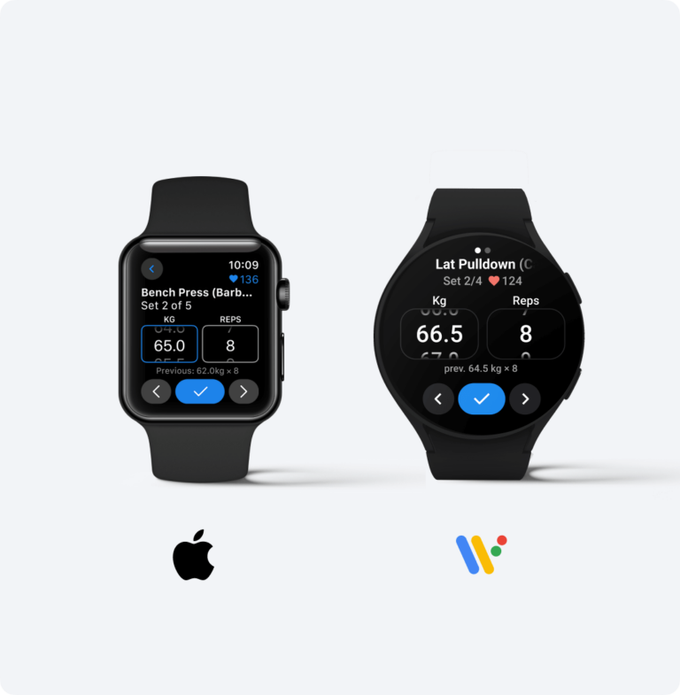 The Hevy app displayed on smartwatch screens