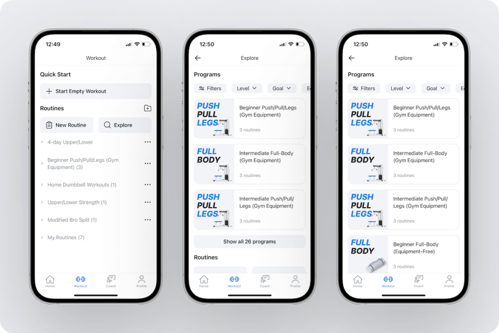 a look at the workout tab in Hevy and the routine library with search filters