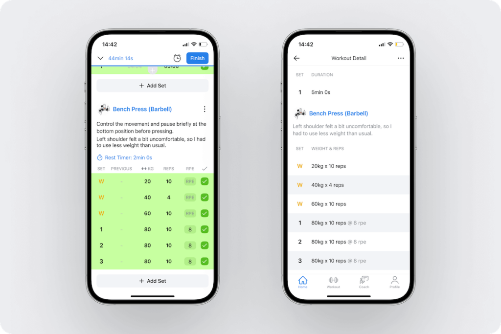 a look at routine and workout exercise notes and how they appear when examining a saved workout in Hevy