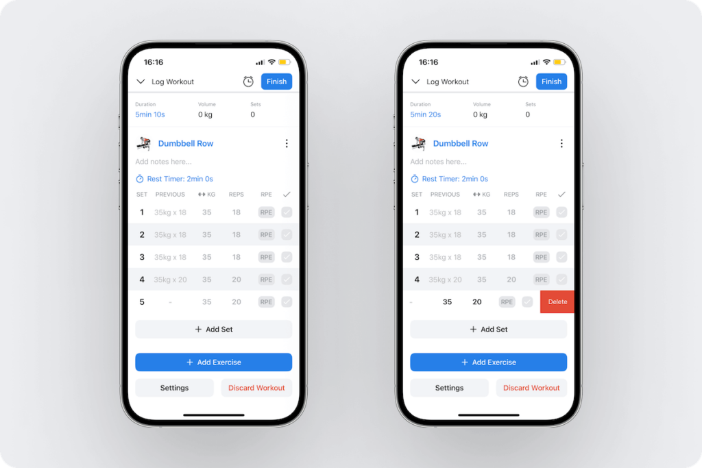 an overview of the available options to add and remove sets to an exercise in Hevy