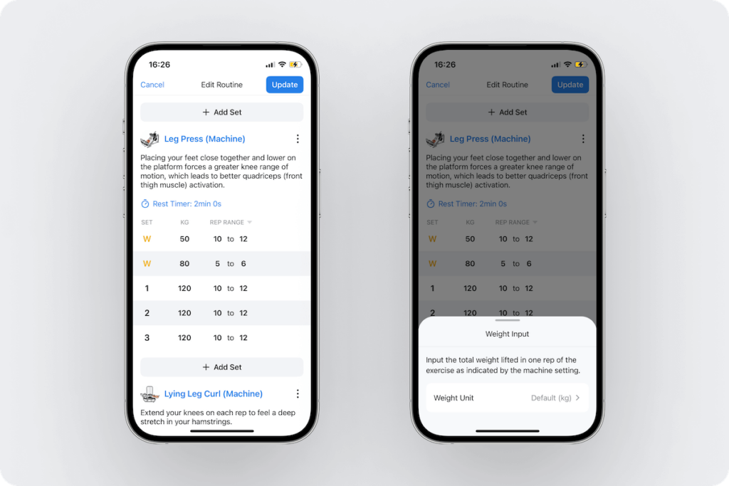 an overview of the ability to prescribe a weight for each set and pick KG or LBS in Hevy