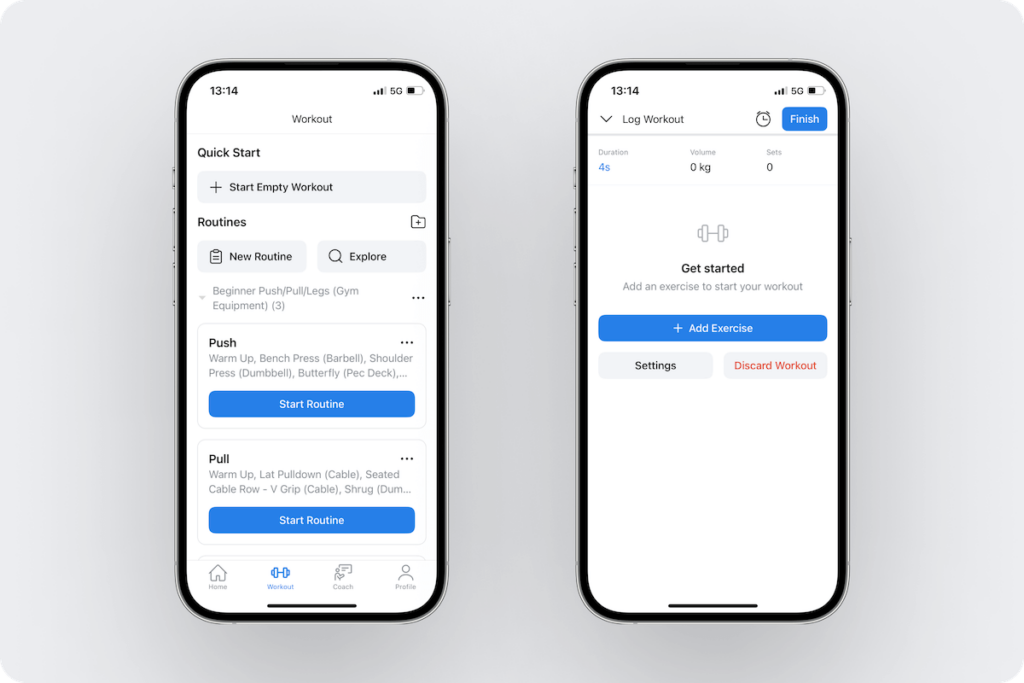 an overview of the option to start an empty workout and how the next screen appears in the Hevy app
