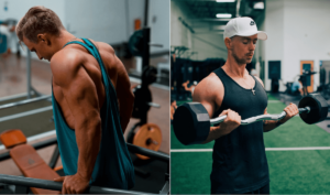 two men at the gym, one performing bodyweight dips and the other bicep curls with a bar