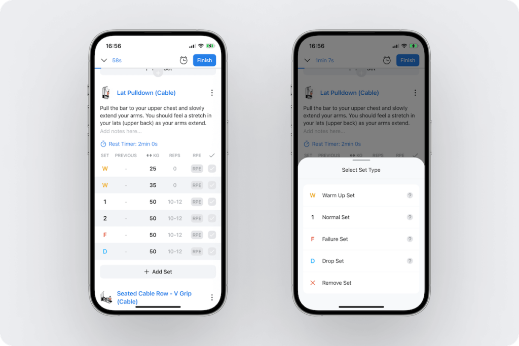 a look at an exercise with individual sets and details along with a menu to mark sets by type in the Hevy app